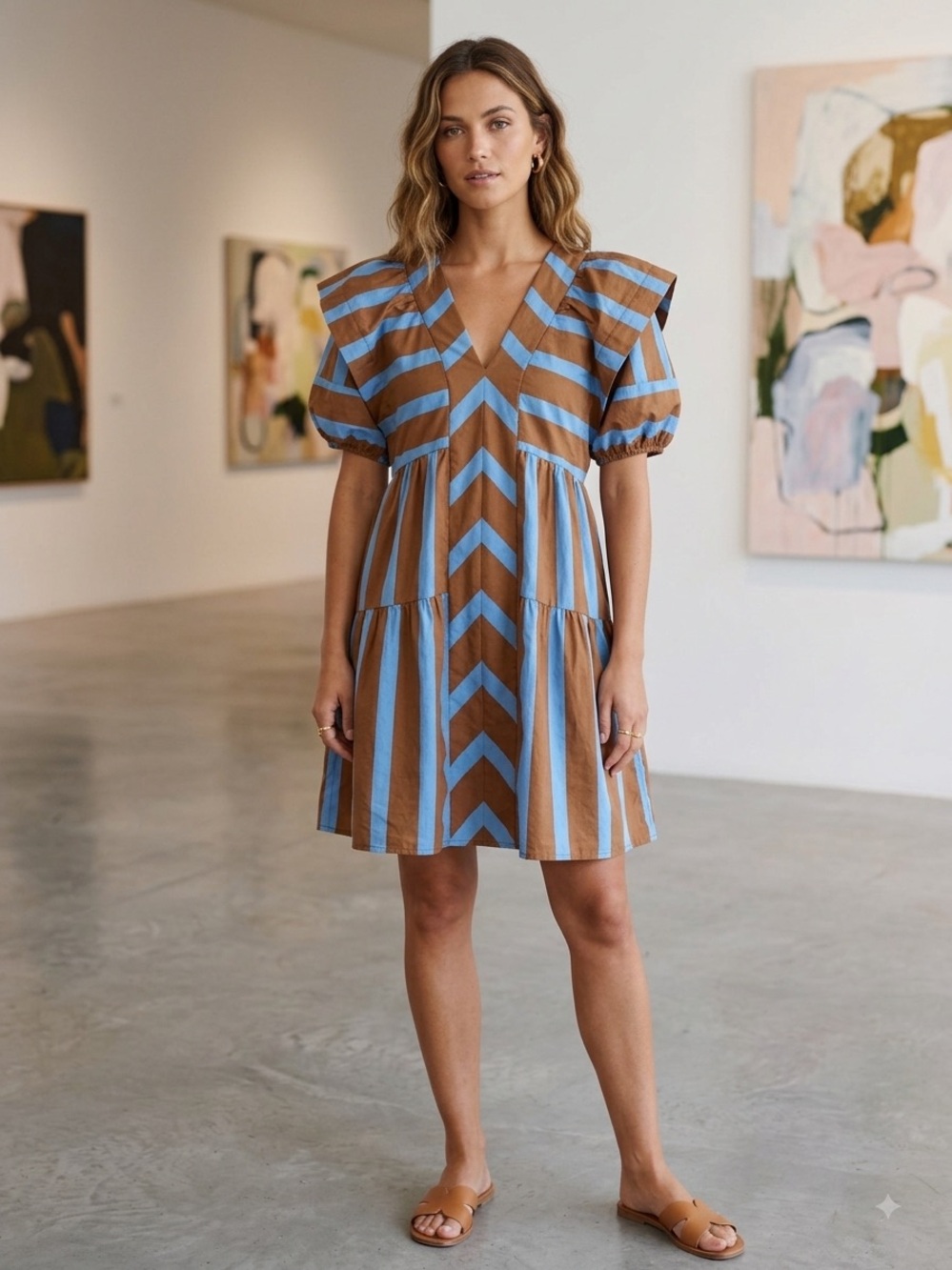entro Blue & Brown Striped V-Neck Puff Sleeve Mini Dress - Picture 1 of 4